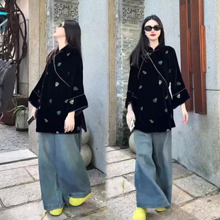 禅意风时尚气质套装女秋季新款斜襟立领丝绒上衣+高腰阔腿裤两件