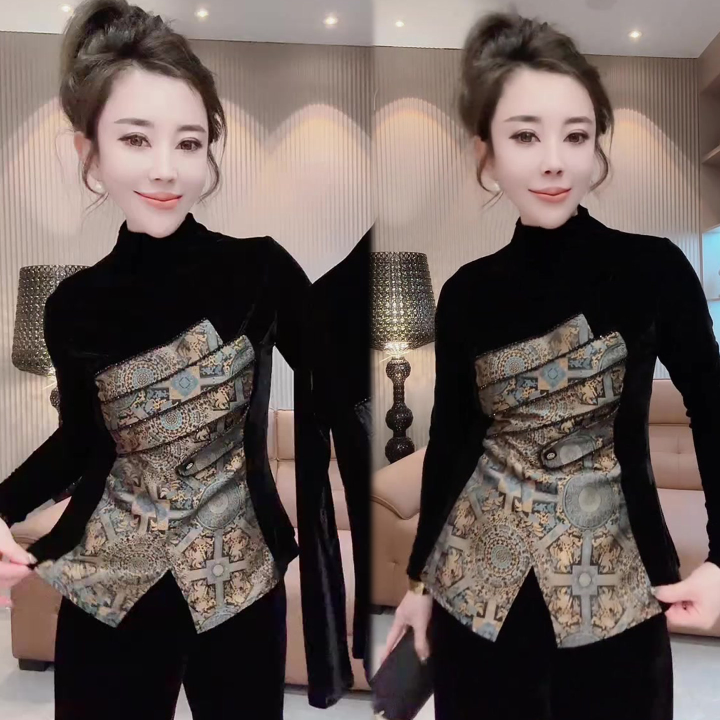 重工串珠丝绒拼接款打底衫女冬季新款设计感成熟气质遮肉显瘦小衫,女装/女士精品,T恤,淘宝优惠券,粉丝福利购,淘宝优惠卷