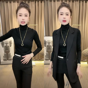 欧货2023秋季新款高领镶钻打底衫女修身显瘦气质高级感长袖上衣潮