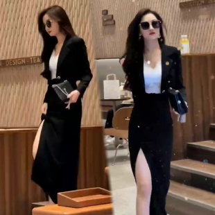 网红抖音同款时尚套装女长袖西装领短款西服裙子韩版2022年两件套