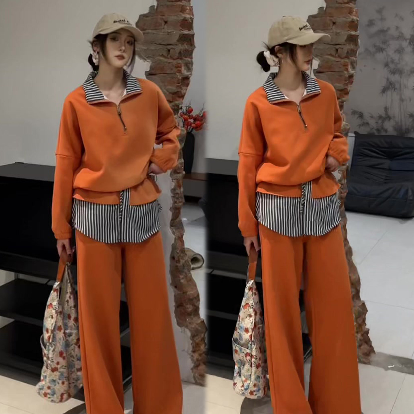 时尚休闲韩系套装女2026春季新款条纹拼接半拉链卫衣+阔腿裤两件,女装/女士精品,时尚套装,淘宝优惠券,粉丝福利购,淘宝优惠卷