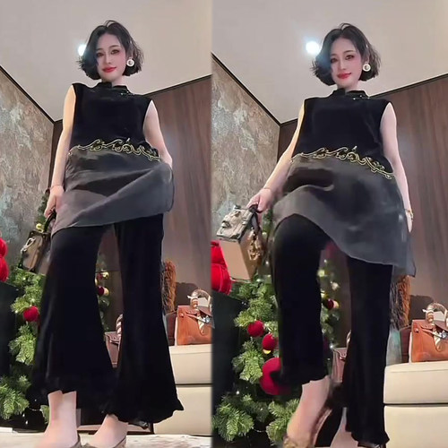 禅意风网纱拼丝绒马甲女