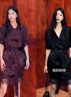 御姐风翻领蕾丝拼接连衣裙女