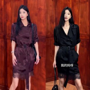 御姐风翻领蕾丝拼接连衣裙女2026秋新款中袖系带收腰双排扣中长裙