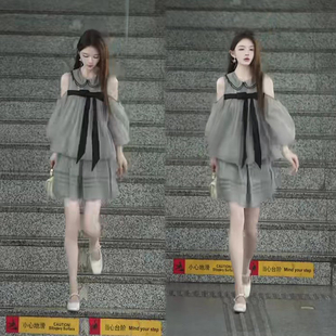 网红同款精致时尚套装女2026夏季新款娃娃领露肩上衣+短裙两件套