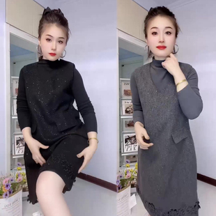 新款 高领净版 打底衫 亮闪闪时尚 裙两件套装 裙2025冬季 砍袖 潮 套装