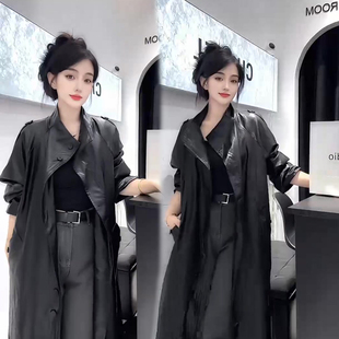 爆款 水洗PU蛋白皮风衣外套女秋季 洋气时尚 遮肉显瘦韩版 大衣潮 新款