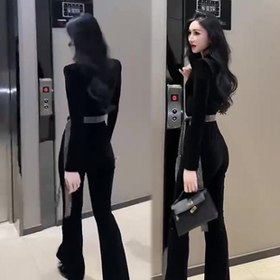 气质优雅时尚洋气丝绒连体裤女2024秋季新款收腰显瘦女神范连体衣