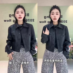 韩系气质百搭小个子上衣外衣潮 流行款 2026早春PU皮短裤 外套女新款