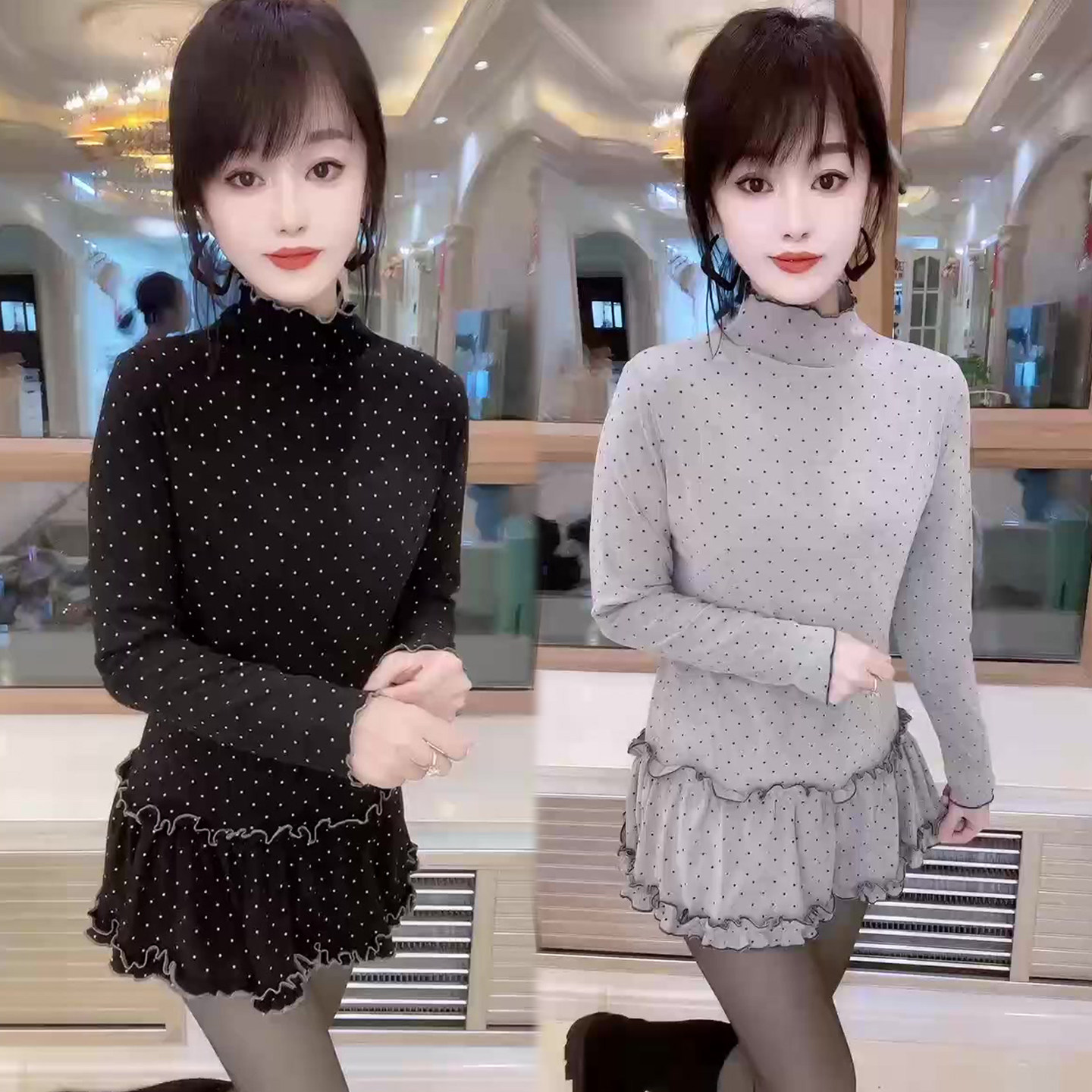 木耳边圆点连衣裙女2025冬季新款韩系洋气减龄高腰显瘦中长裙子潮