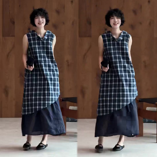 小众设计感格纹无袖连衣裙女