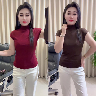 轻奢串珠半高领修身短袖女2026夏季新款显瘦时尚百搭纯色净版T恤