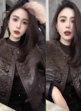 复古毛毛拼接PU皮外套女