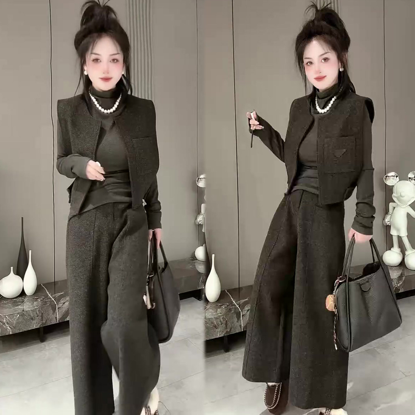 高级感毛呢套装女2026春季新款网红同款马甲+高领打底衫+阔腿裤潮,女装/女士精品,时尚套装,淘宝优惠券,粉丝福利购,淘宝优惠卷