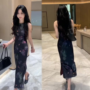 御姐风气质印花连衣裙女2026夏季新款修身收腰长裙网红同款女裙子