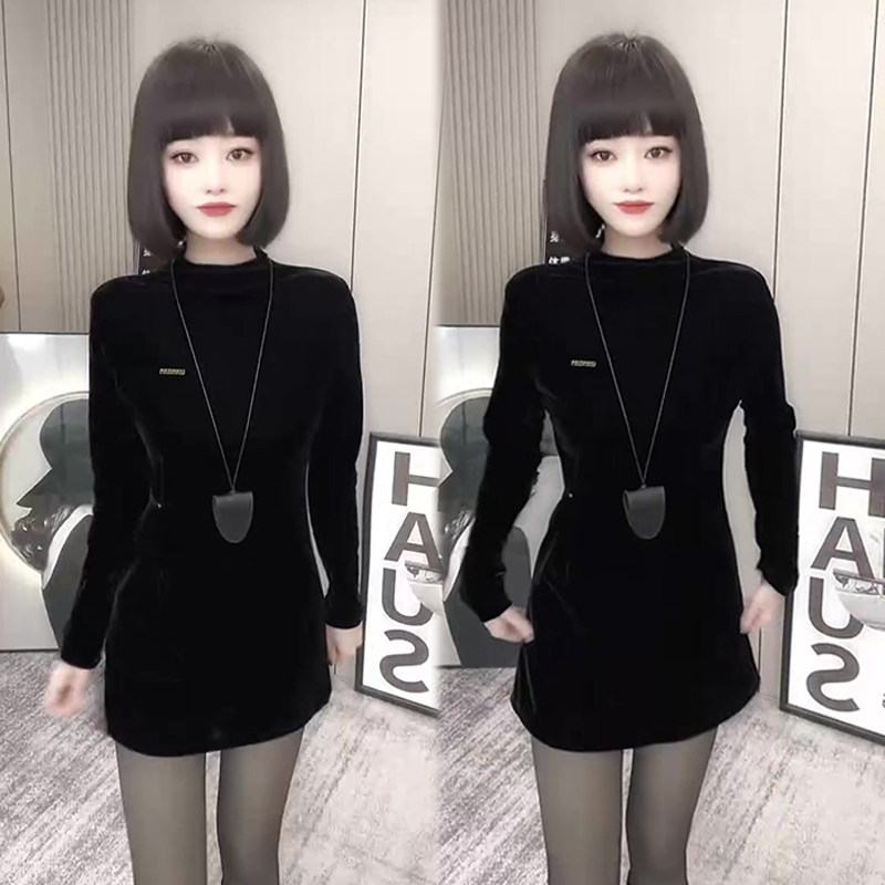 黑色时尚简约百搭丝绒上衣女欧货2024冬季新款收腰显瘦中长款T恤,女装/女士精品,T恤,淘宝优惠券,粉丝福利购,淘宝优惠卷