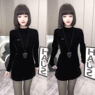 收腰显瘦中长款 新款 T恤 简约百搭丝绒上衣女欧货2024冬季 黑色时尚