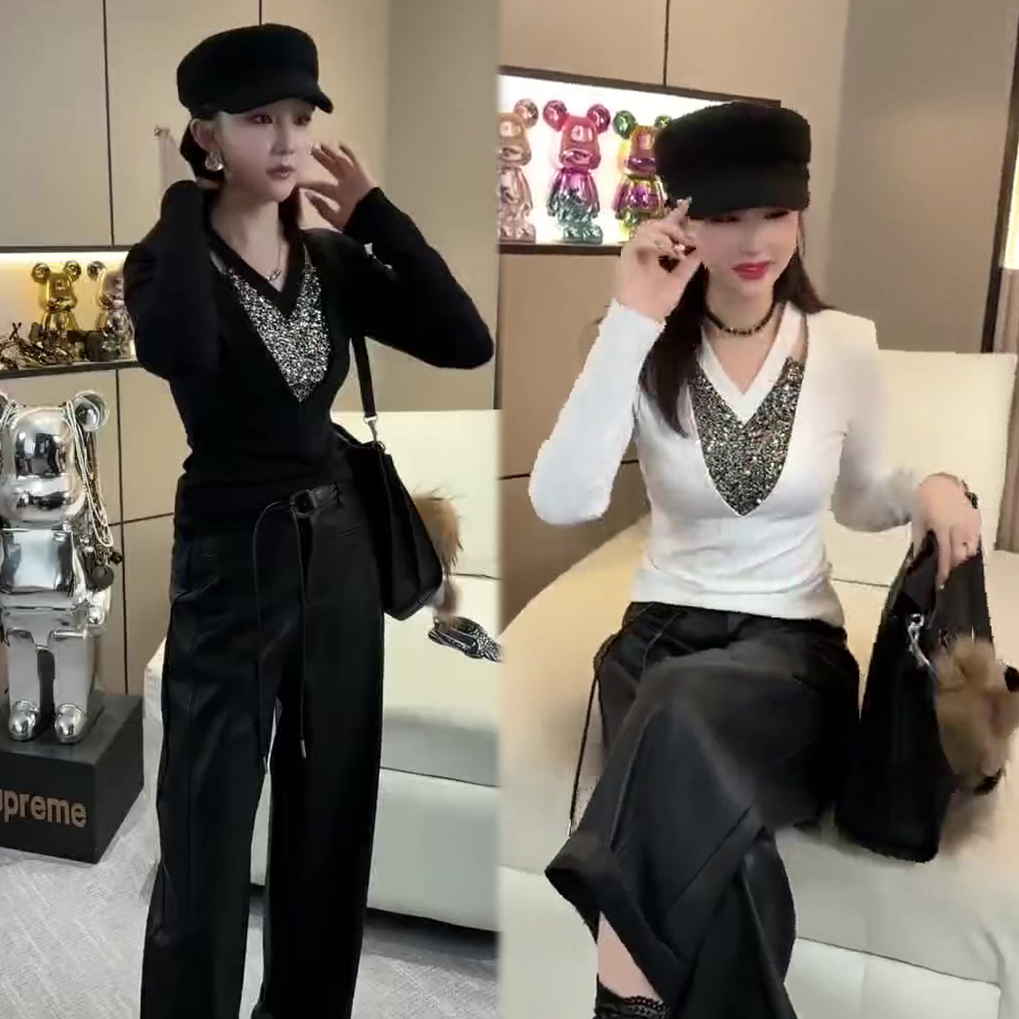 轻奢亮片V领打底衫女2025冬季新款设计感修身显瘦小衫网红款上衣