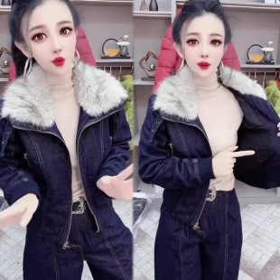 网红同款牛仔时尚套装女2026秋冬季新款加棉短外套+阔腿裤两件套