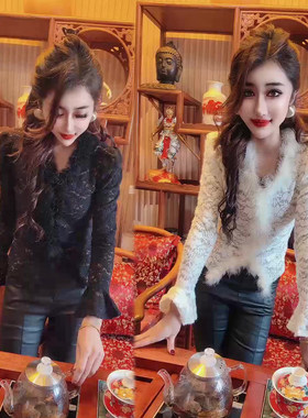 性感毛毛拼接蕾丝上衣女