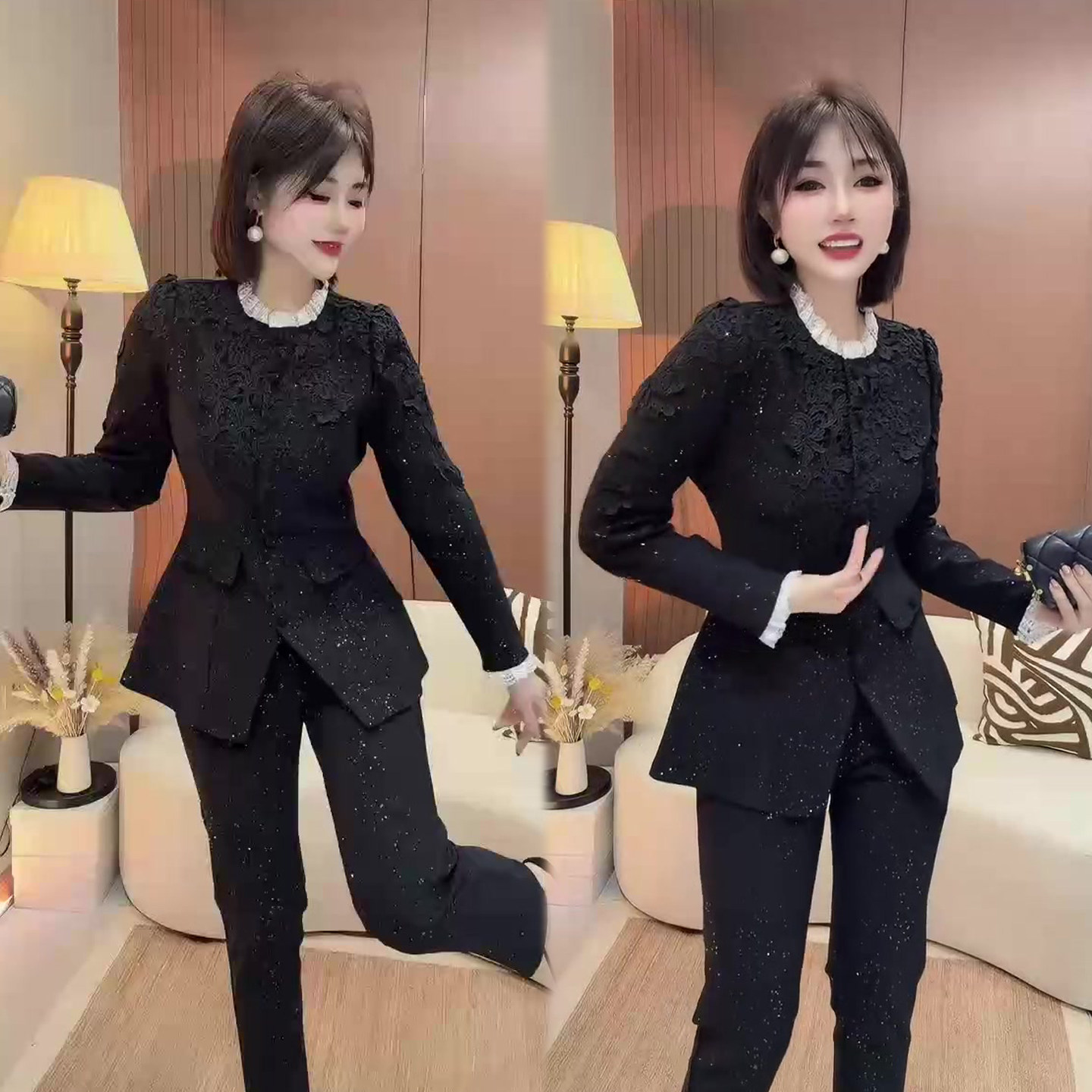 网红款洋气套装女2026春季新蕾丝前开叉上衣+显瘦裤子减龄两件套,女装/女士精品,时尚套装,淘宝优惠券,粉丝福利购,淘宝优惠卷