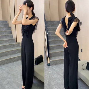 气质蕾丝拼接连体裤女2026春夏季新款女神范阔腿连身裤网红连体衣