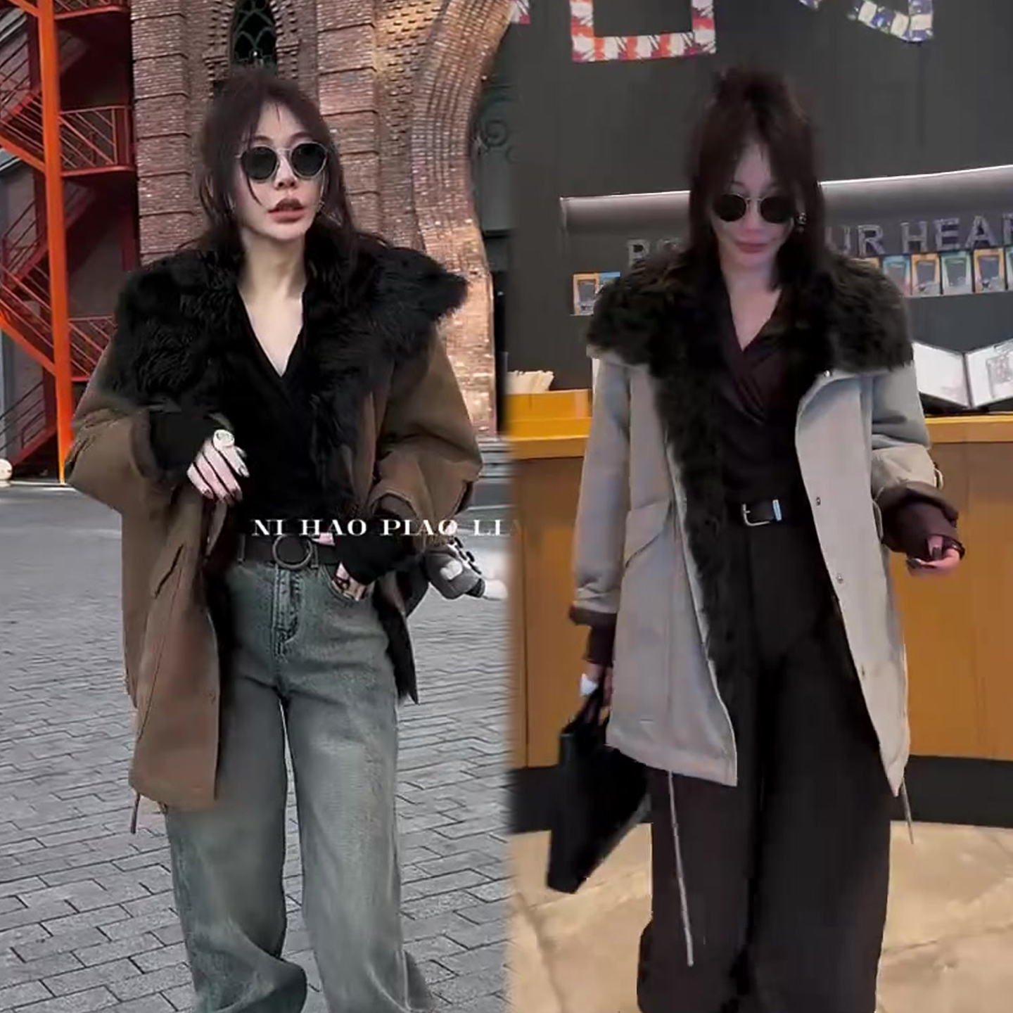 毛毛大翻领风衣外套女