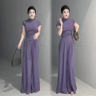 优雅时尚高级感套装女2025春季新款修身显瘦短袖显瘦阔腿裤两件套
