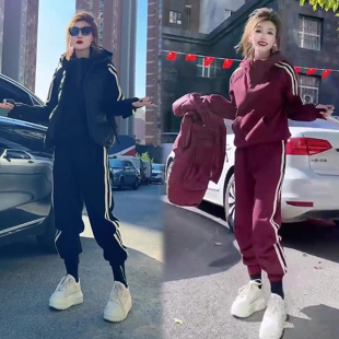 休闲运动竖条纹套装女秋季新款洋气连帽卫衣显瘦卫裤棉马甲三件套