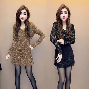 性感女人味蕾丝裙2024冬季 V领收腰显瘦高级感优雅百搭连衣裙 新款