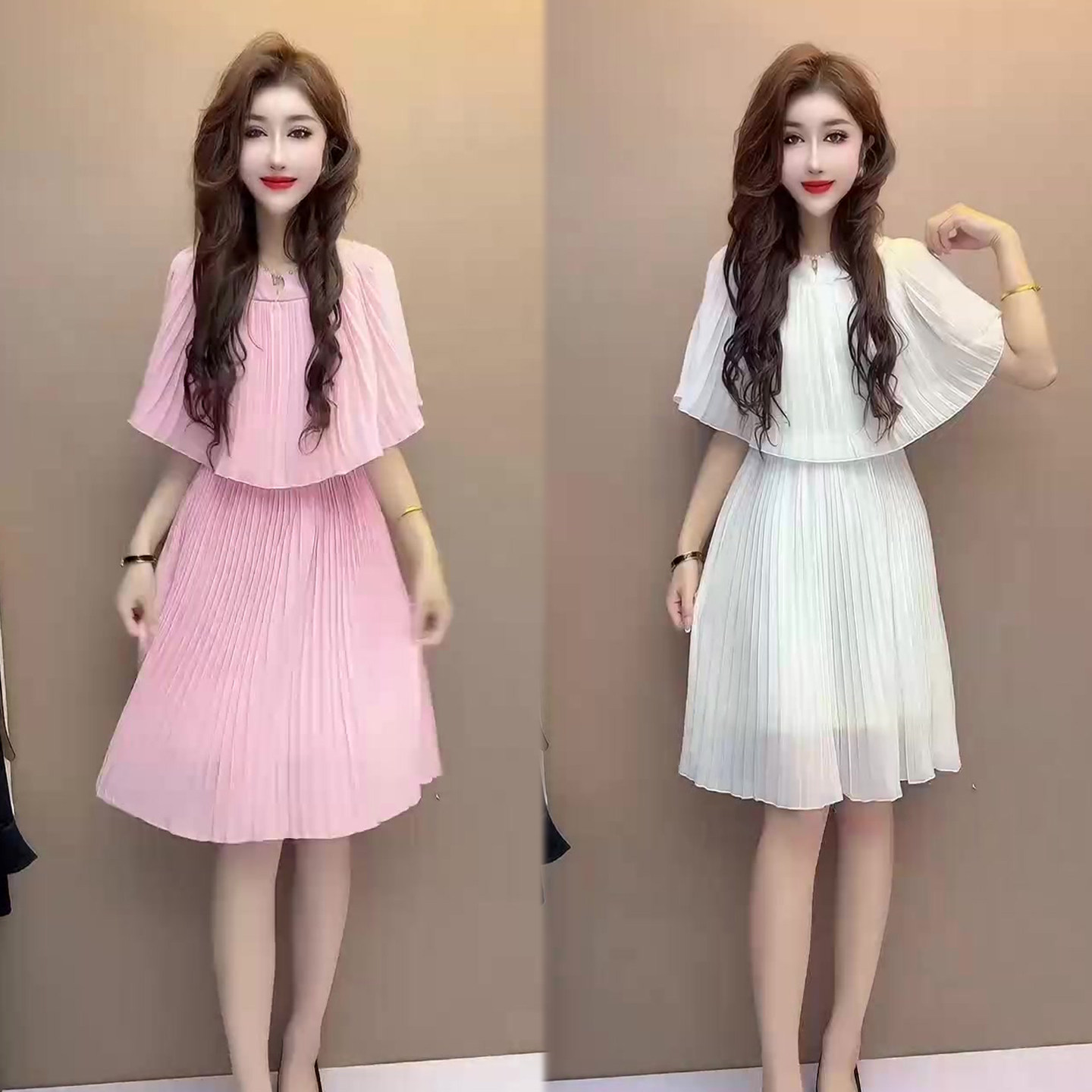 温柔风荷叶边披肩连衣裙2026夏季新款显瘦减龄气质百褶裙收腰女裙