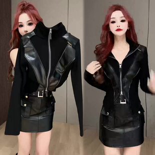 时尚帅气拼接PU立领外套女秋季新款网红爆款百搭韩版显瘦上衣外衣
