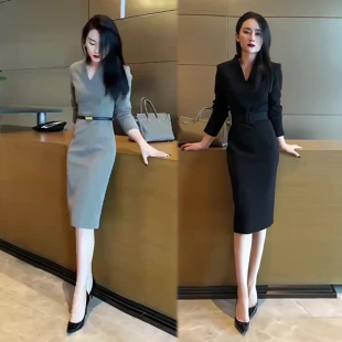 气质优雅时尚职业连衣裙女欧货秋季新款V领收腰显瘦包臀裙潮