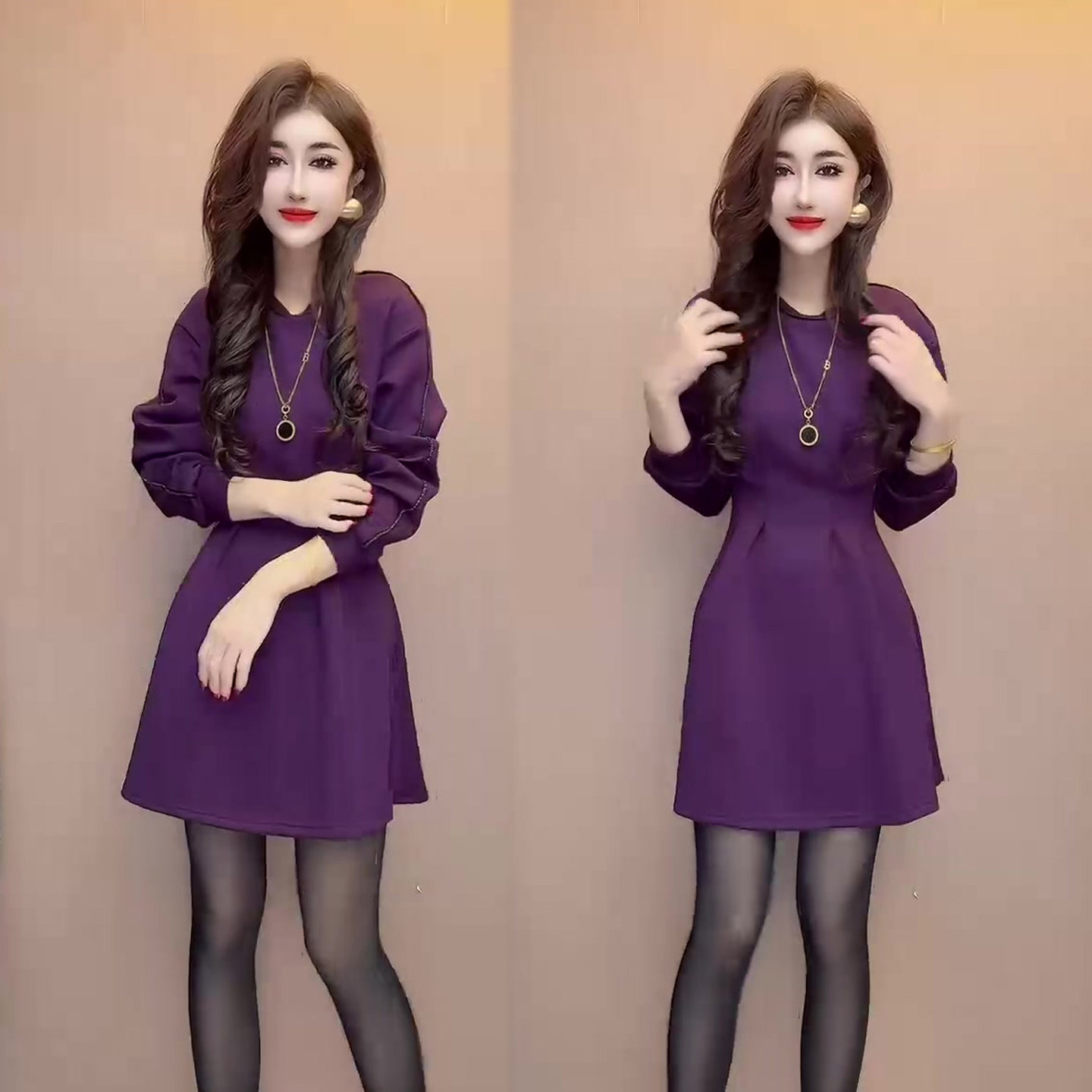 圆领收腰连衣裙女2025冬季新款时尚韩版遮肉显瘦气质中长裙女裙子,女装/女士精品,连衣裙,淘宝优惠券,粉丝福利购,淘宝优惠卷