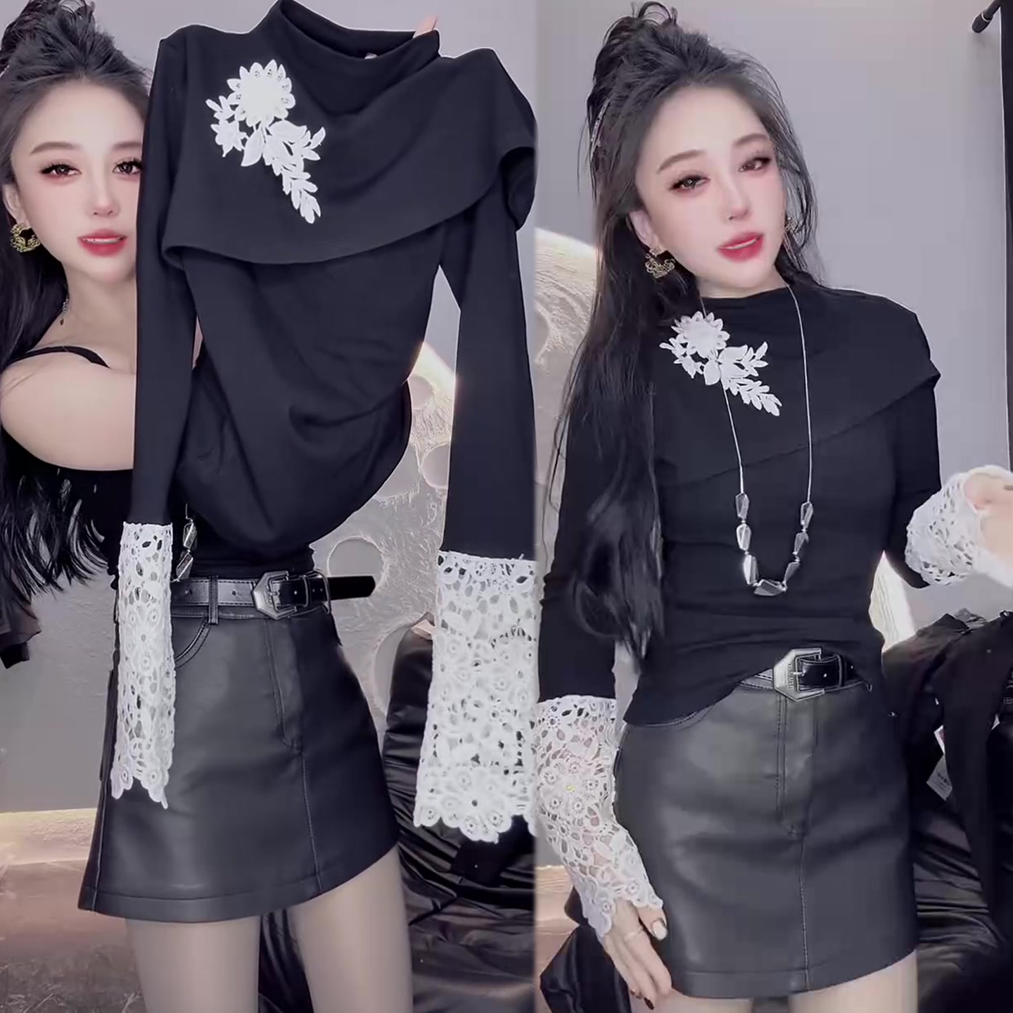 蕾丝拼接袖立体花打底衫女2025冬季新款时尚洋气百搭款小衫上衣潮