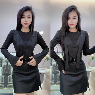 百搭潮流长袖 个性 时尚 新款 T恤 独特假两件黑色上衣女欧货2024冬季