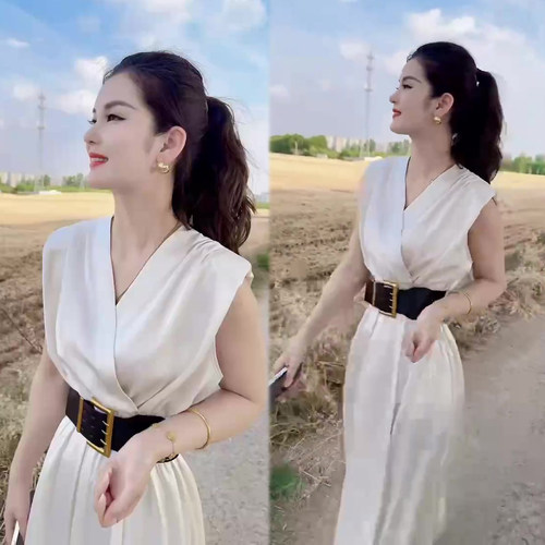 轻奢优雅风V领无袖连衣裙女