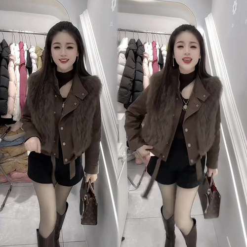 欧货毛毛拼接PU皮外套女