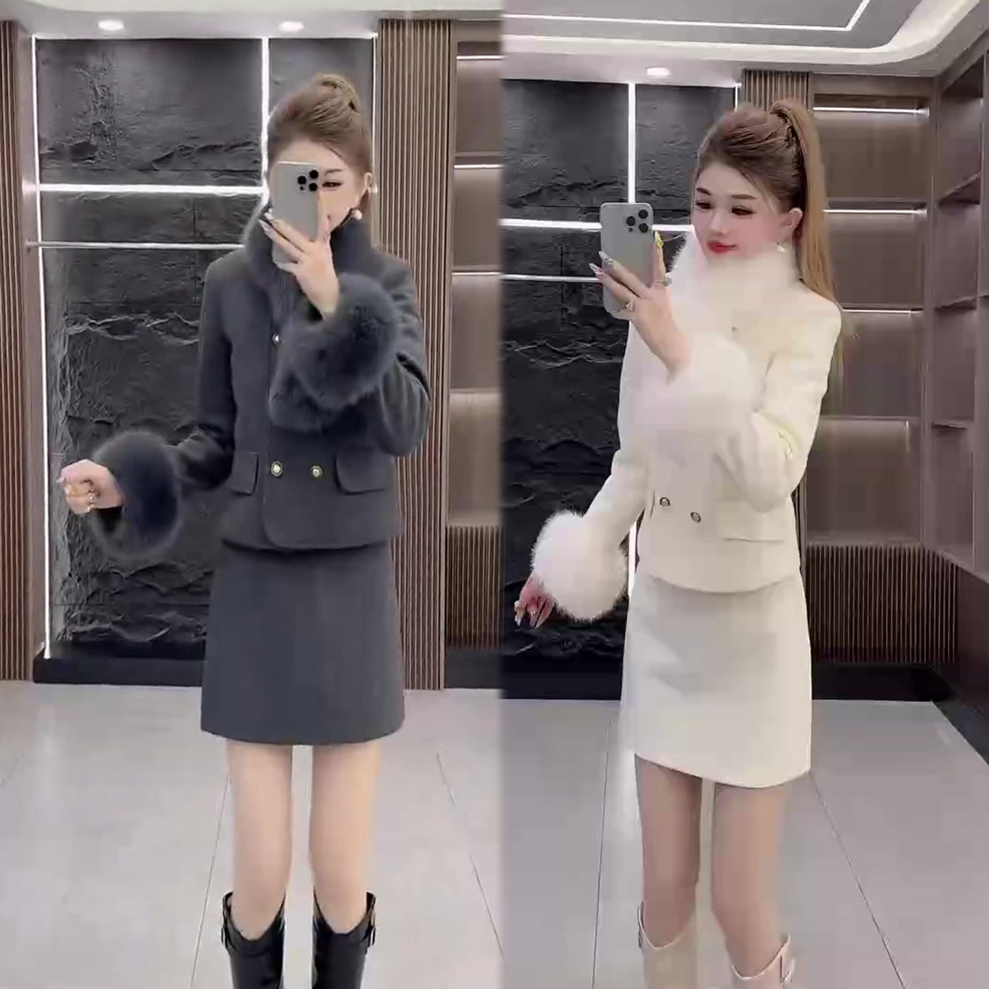 网红韩版套装裙2025冬季新款毛毛领保暖时髦短外套+半裙两件套装,女装/女士精品,时尚套装,淘宝优惠券,粉丝福利购,淘宝优惠卷