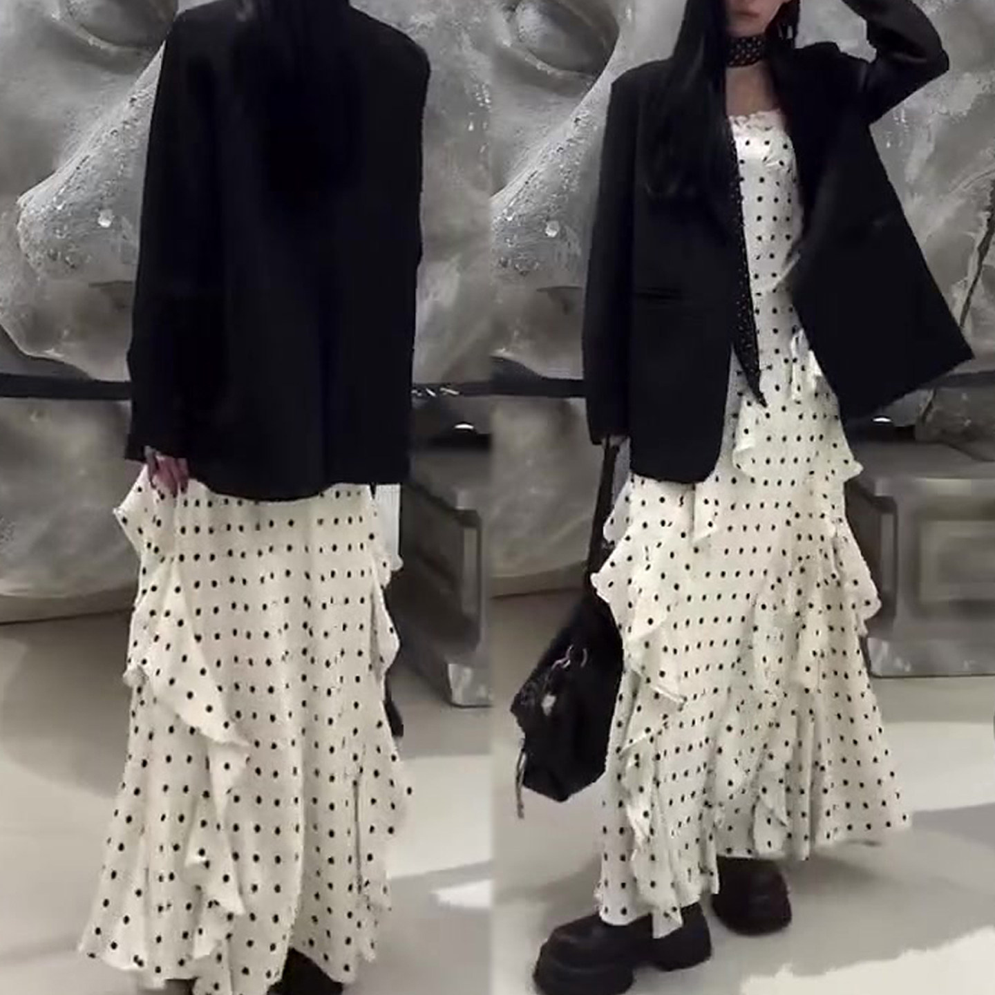 减龄网红套装裙2026春季新款圆点荷叶边连衣裙+西服外套两件套装
