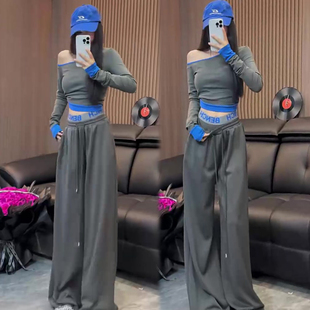 秋季新款时尚休闲运动套装女斜肩长袖上衣高腰显瘦阔腿裤两件套潮