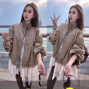 洋气宽松百搭遮肉上衣夹克潮 韩版 蕾丝钩花拼接外套女2026春季 新款