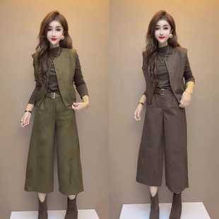 极简风时尚套装女2026秋季新款马甲+小衫+阔腿裤纯色净版三件套装