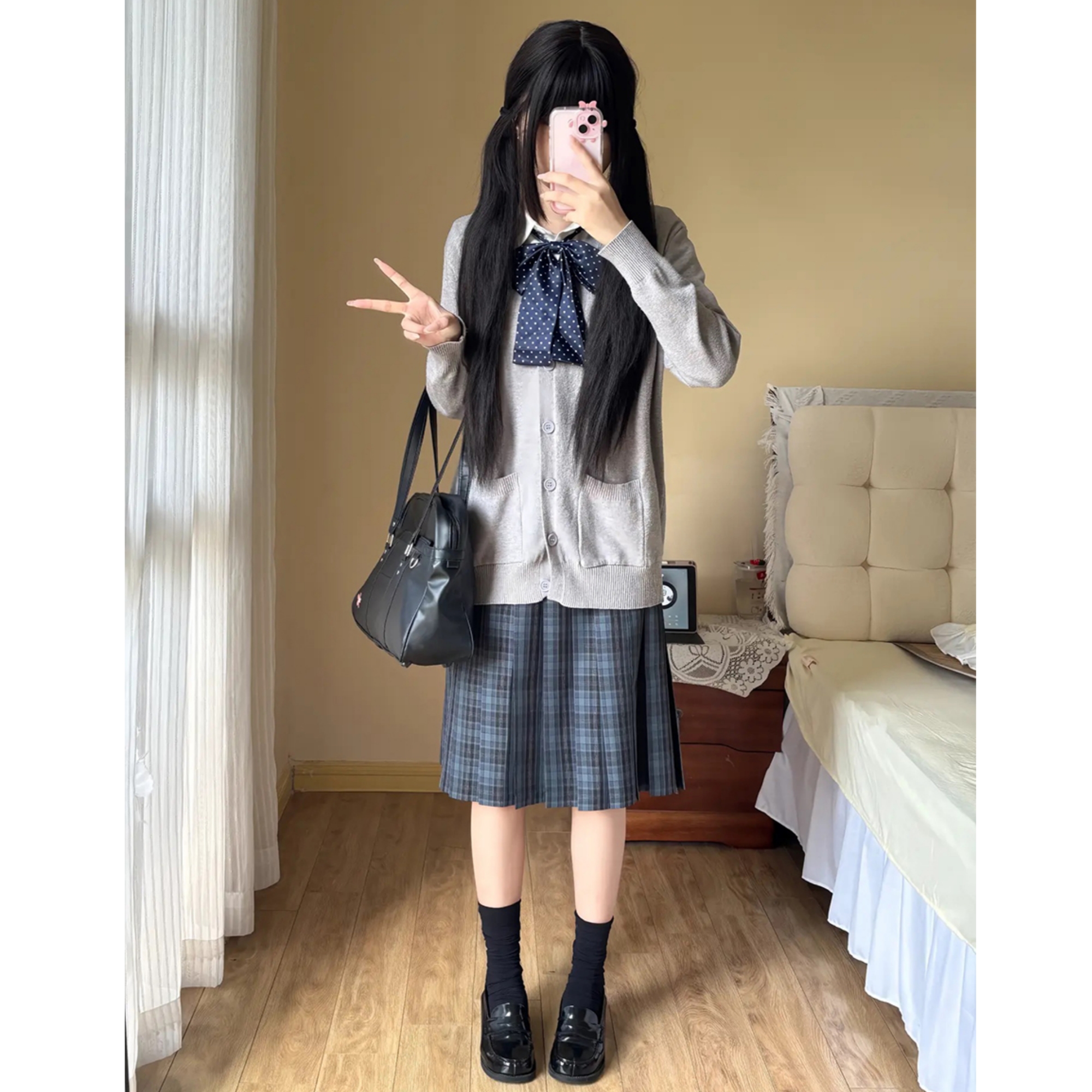 原创jk制服秋冬学院风针织衫叠穿校供感开衫毛衣外套海苔格裙套装