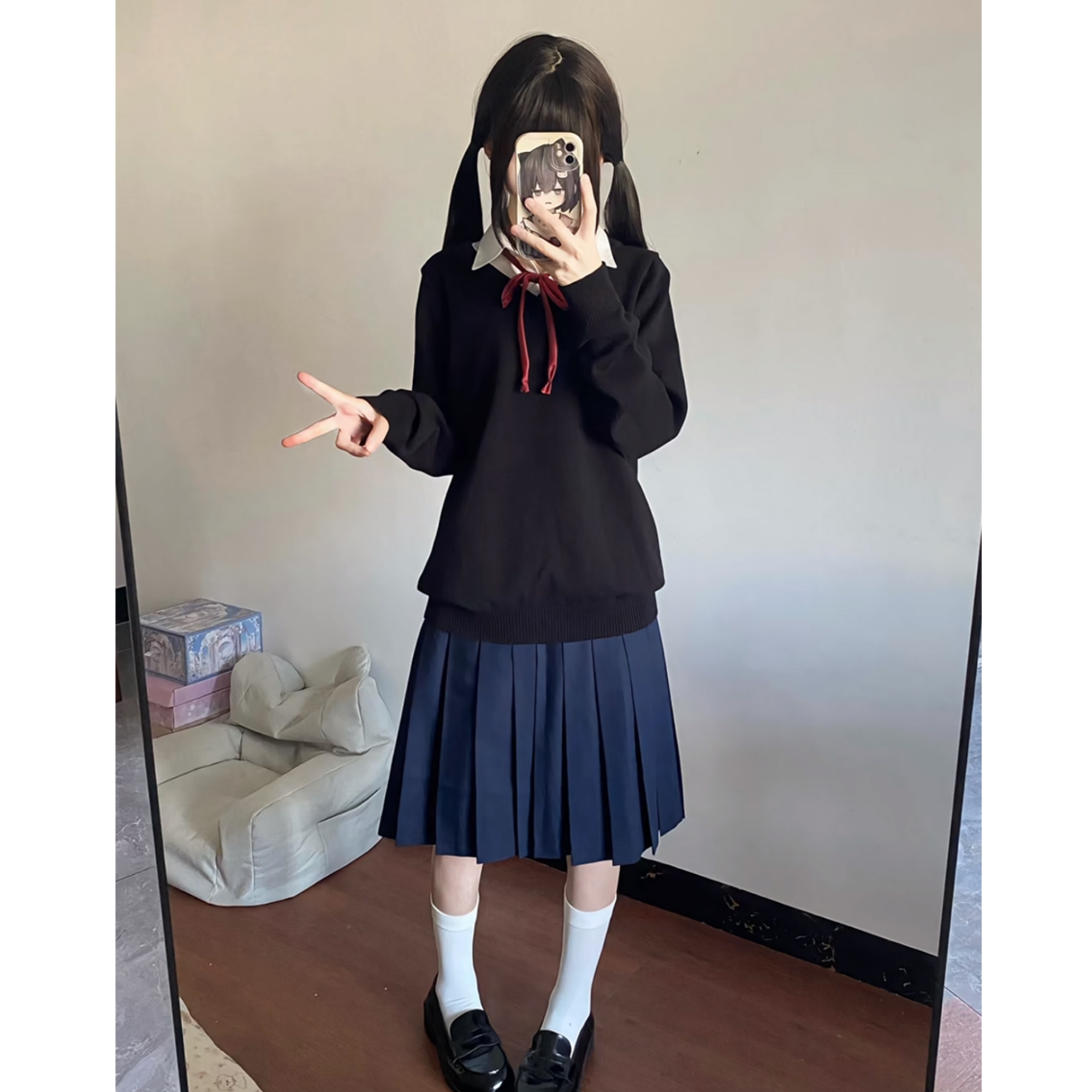 原创JK制服纯色V领毛衣女秋叠穿学院风长袖套头针织衫百褶裙套装