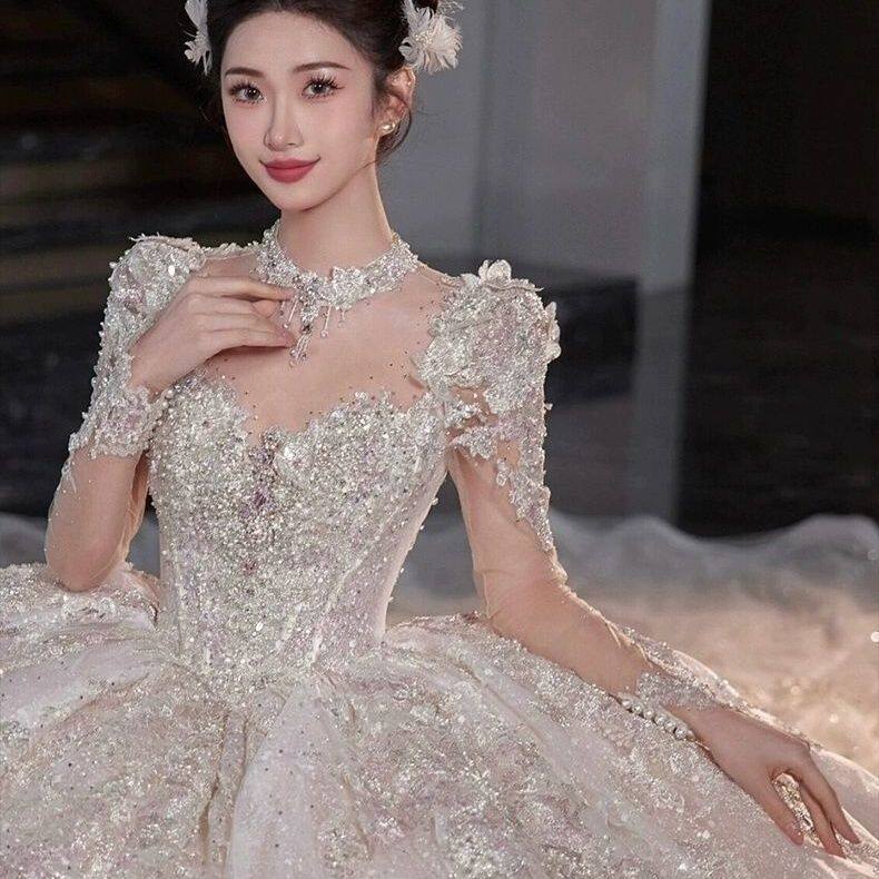 2025新款法式长袖婚纱新娘重工奢华宫廷风高级质感主纱大拖尾女