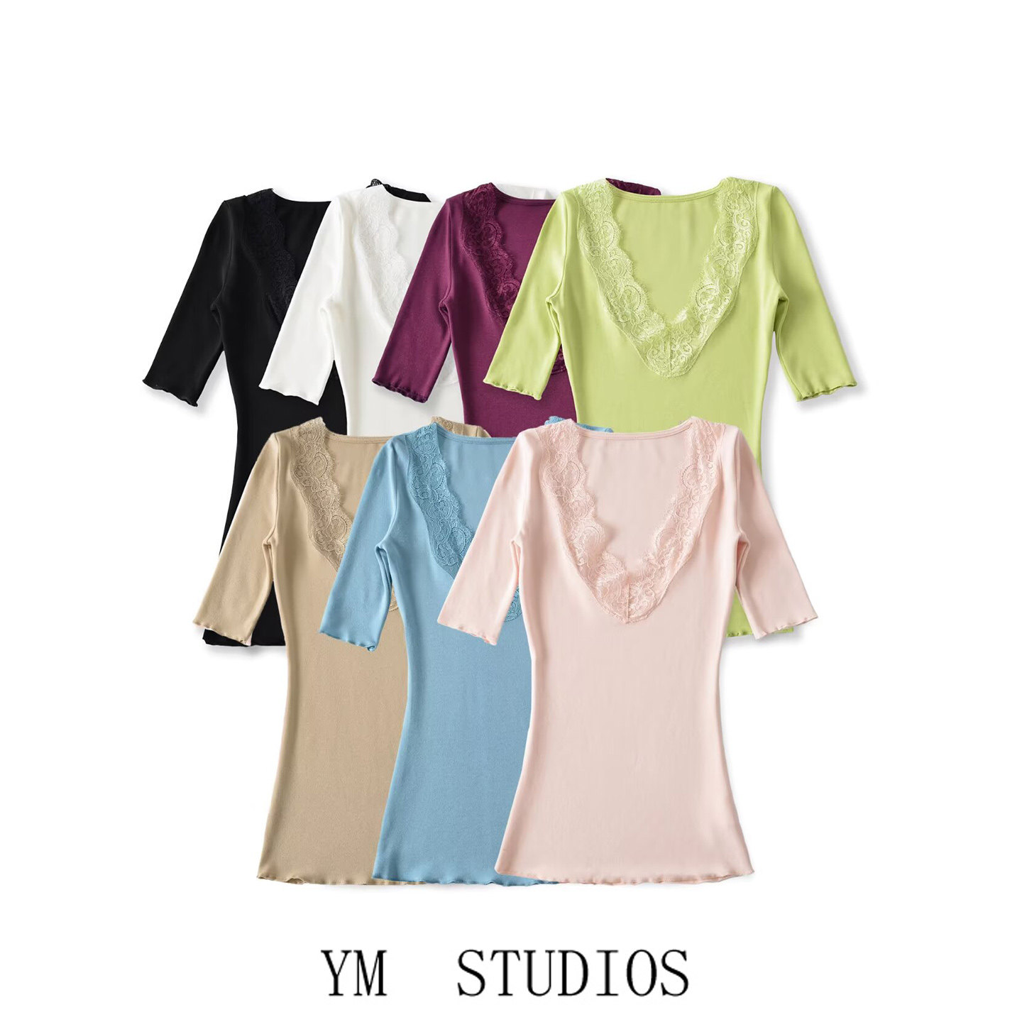 V领蕾丝拼接中袖T恤女高弹