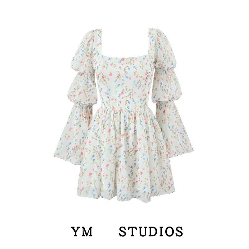 复古小碎花藕节袖连衣裙低胸