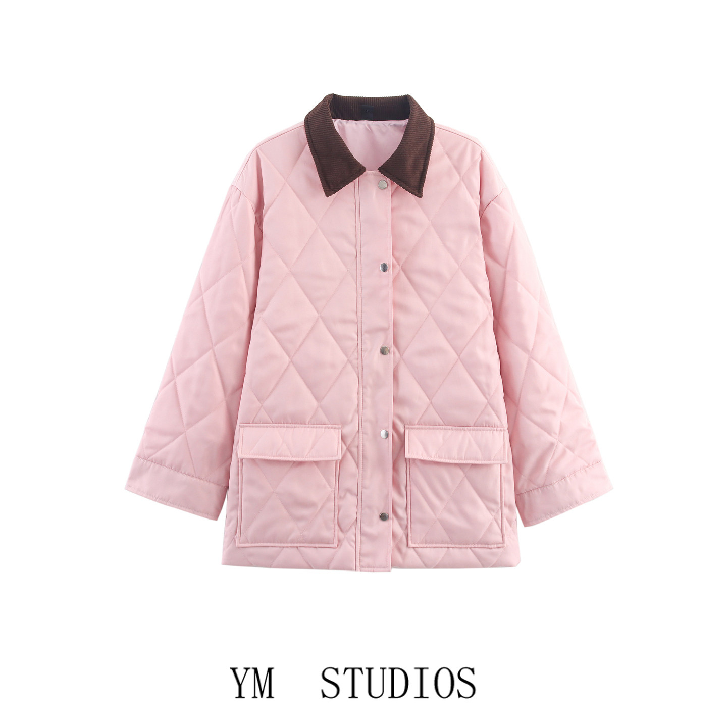 粉色撞色灯芯绒领菱格纹棉服