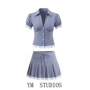 衬衫 学院风蓝白格纹泡泡袖 深V领收腰防走光半身裙 法式 欧美女装